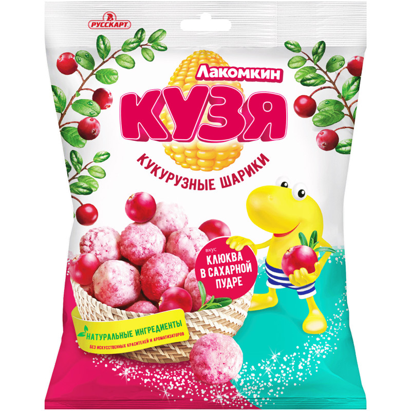 Изображение товара Шарики Кузя Лакомкин кукурузные со вкусом клюквы в сахарной пудре, 50г