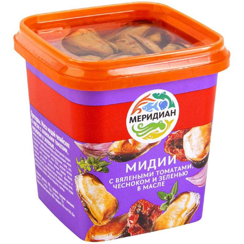 Изображение товара Мидии Меридиан с вялеными томатами чесноком и зеленью в масле 270 г
