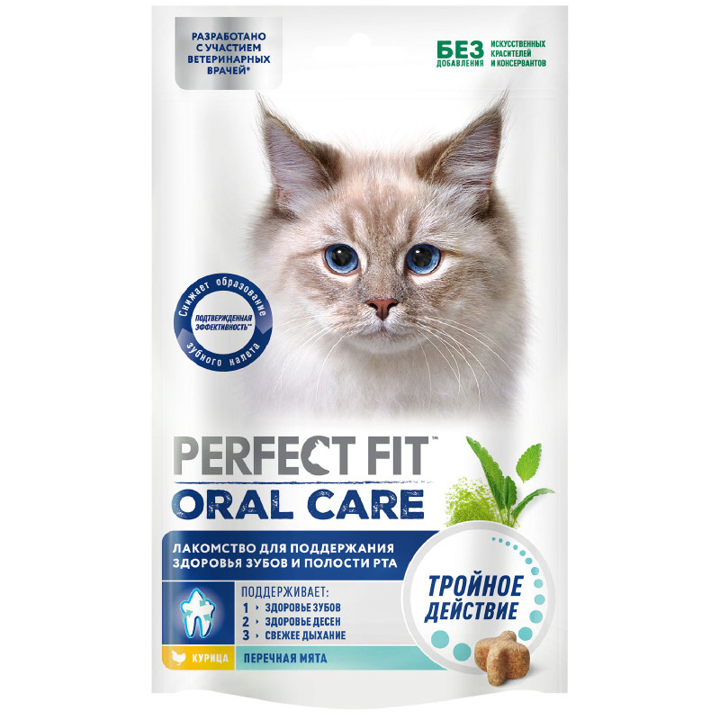 Изображение товара Лакомство Perfect Fit Oral Care для здоровья зубов и полости рта с курицей и добавлением мяты для кошек, 50г