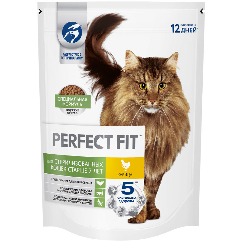 Изображение товара Сухой полнорационный корм Perfect Fit для стерилизованных кошек старше 7 лет с курицей, 650г