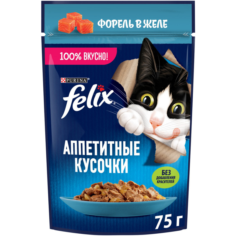 Изображение товара Влажный корм для кошек Felix Аппетитные кусочки с форелью в желе, 75г