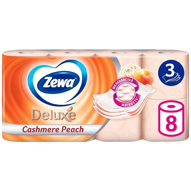 Изображение товара Туалетная бумага Zewa Deluxe 3 слоя с ароматом персика, 8 рулонов