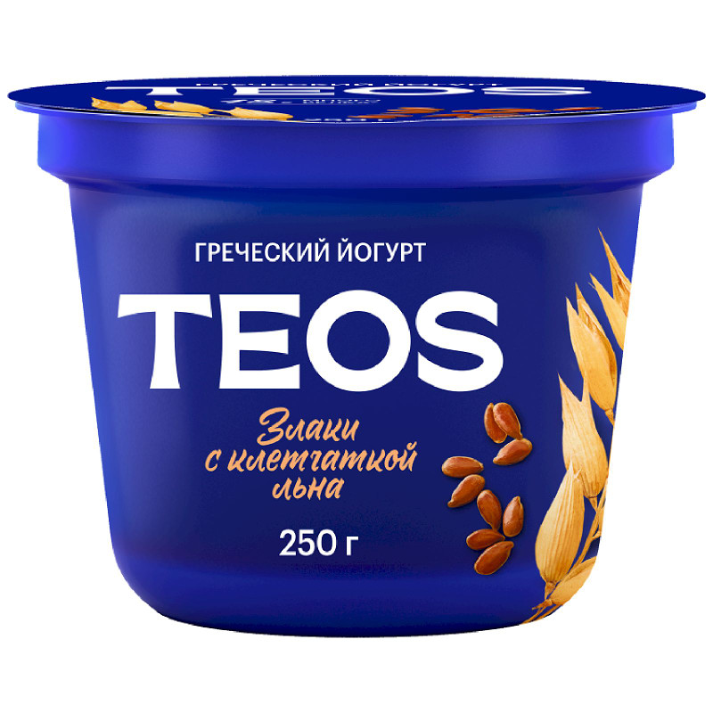 Изображение товара Йогурт Teos Греческий Злаки с клетчаткой льна 2%, 250г