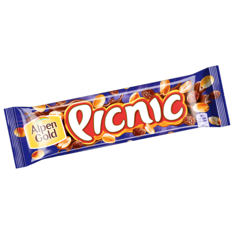 Изображение товара Батончик Alpen Gold Picnic с арахисом и изюмом начинкой из мягкой карамели вафель и воздушного риса, 38г