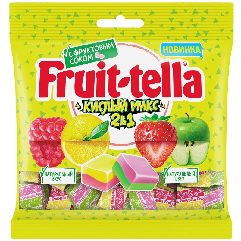 Изображение товара Конфеты жевательные Fruittella Кислый Микс 2в1 со вкусами яблока, клубники, лимона и малины, 70г