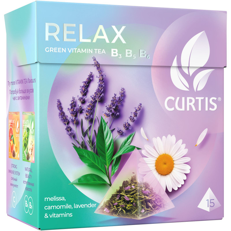 Изображение товара Чай зелёный Curtis Relax мелисса-лаванда-ромашка-лепестки цветов листовой, 15х1.7г