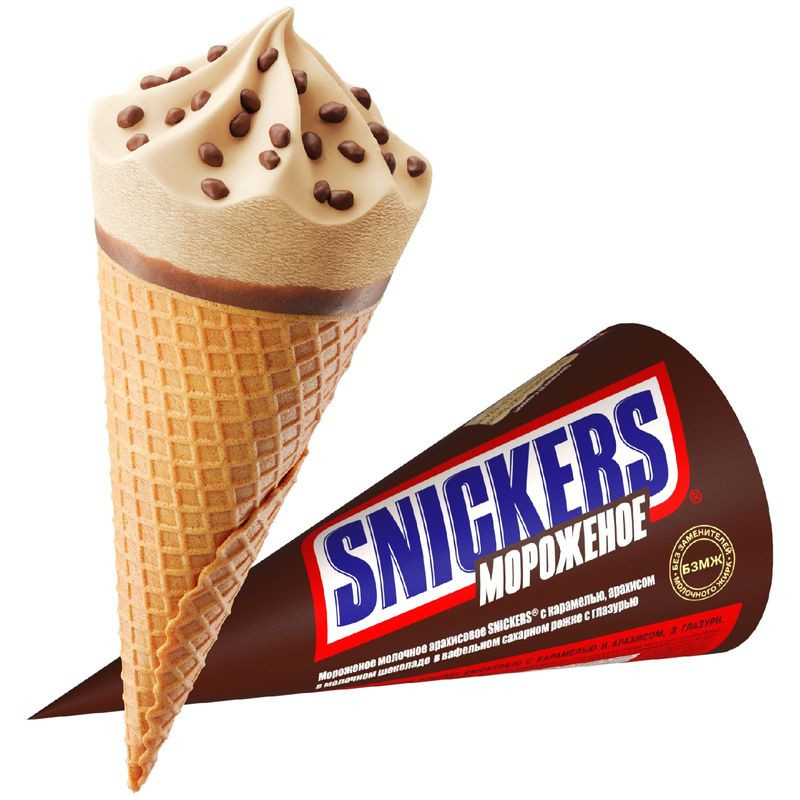Изображение товара Мороженое Snickers с арахисом и карамелью в рожке 69г