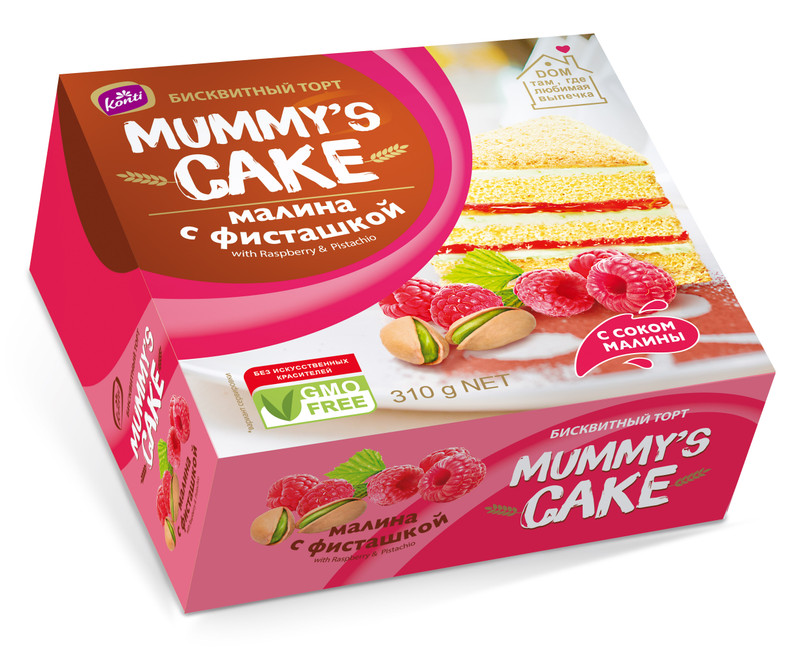 Изображение товара Торт Konti Mummy's cake Малина-Фисташка 310 г — бисквитный десерт с малиновым кремом и орехами