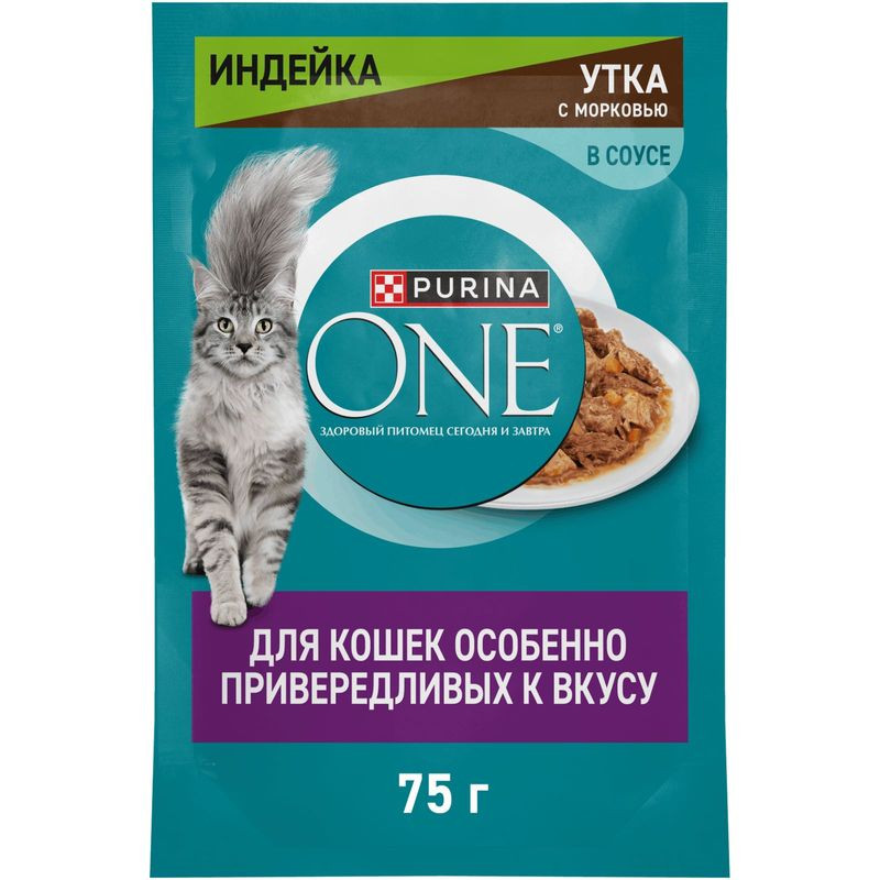 Изображение товара Влажный корм Purina One для кошек особенно привередливых к вкусу с уткой и печенью, 75г