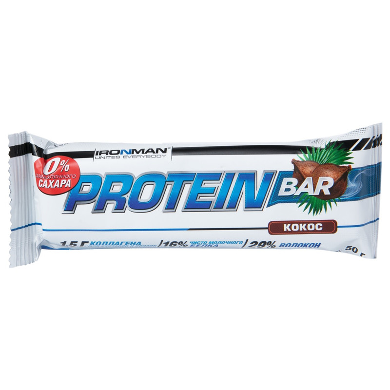 Изображение товара Батончик протеиновый IronMan Protein Bar со вкусом кокоса без сахара глазированный, 50г