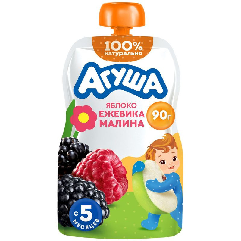 Изображение товара Детское фруктовое пюре Агуша Яблоко-ежевика-малина 90г для малышей от 5 месяцев