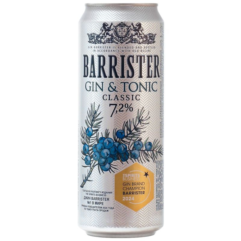 Изображение товара Газированный слабоалкогольный напиток Gin & Tonic Barrister Classic 7,2% 450мл
