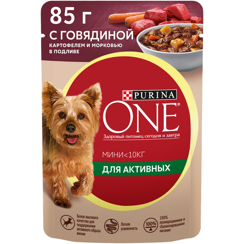 Изображение товара Влажный корм Purina One для собак мелких пород с говядиной картофелем и морковью в подливе, 85г