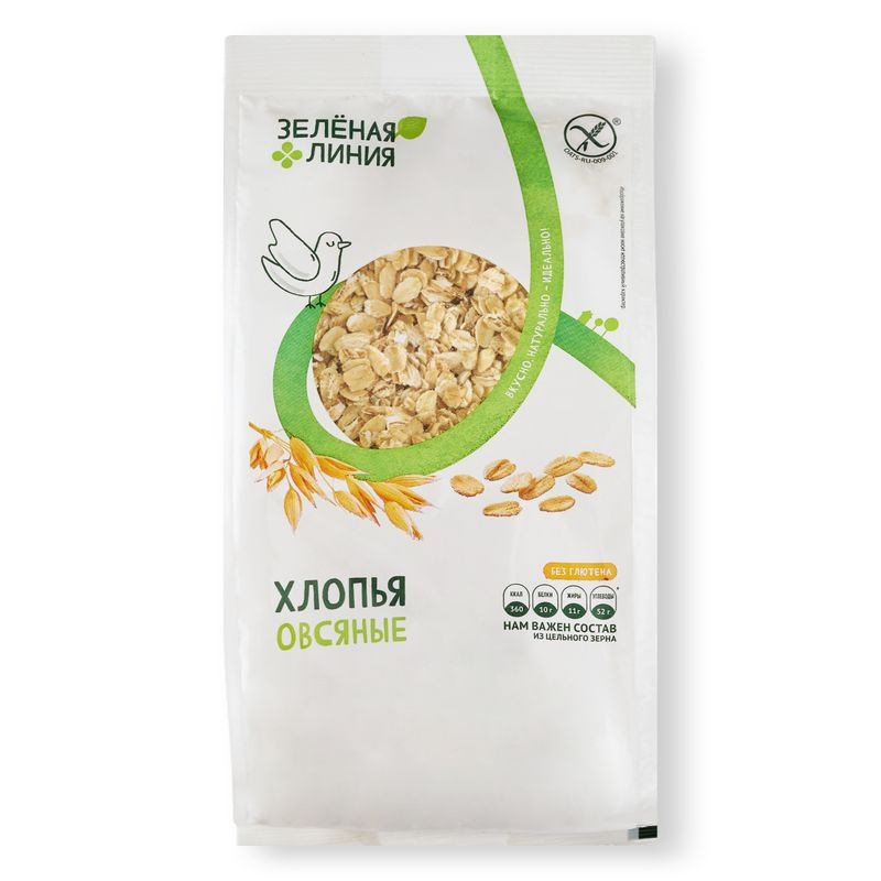 Изображение товара Хлопья овсяные из голозёрного овса Зелёная Линия 375г