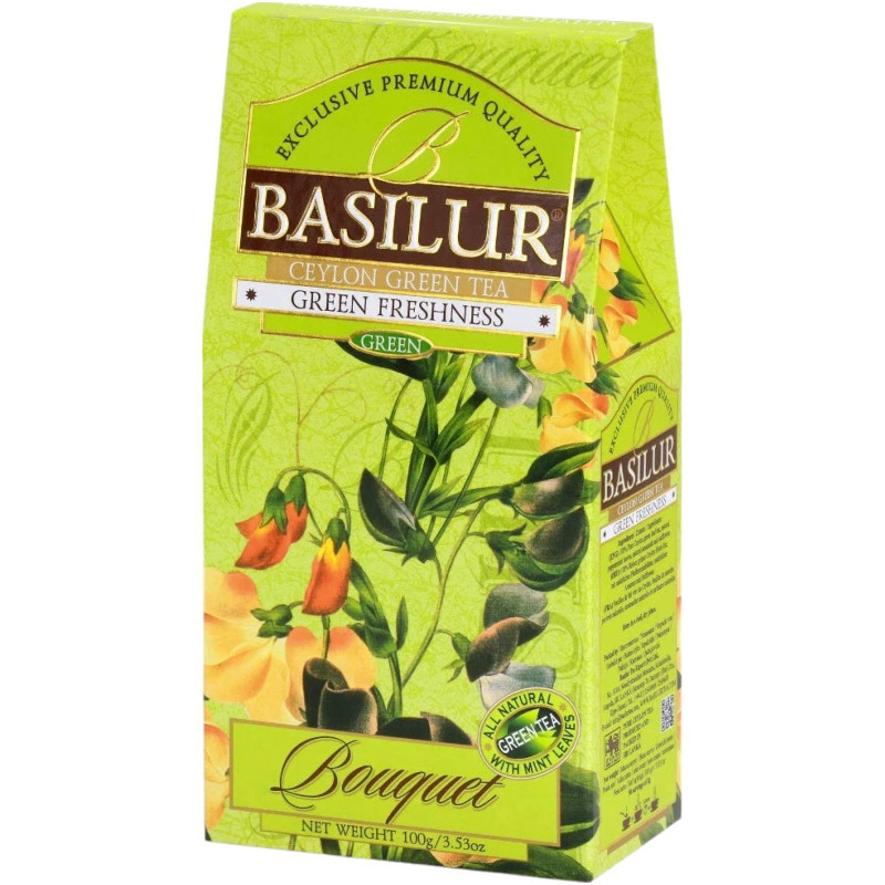 Изображение товара Чай Basilur Bouquet Зелёная Свежесть с перечной мятой и лепестками цветов зелёный, 100г