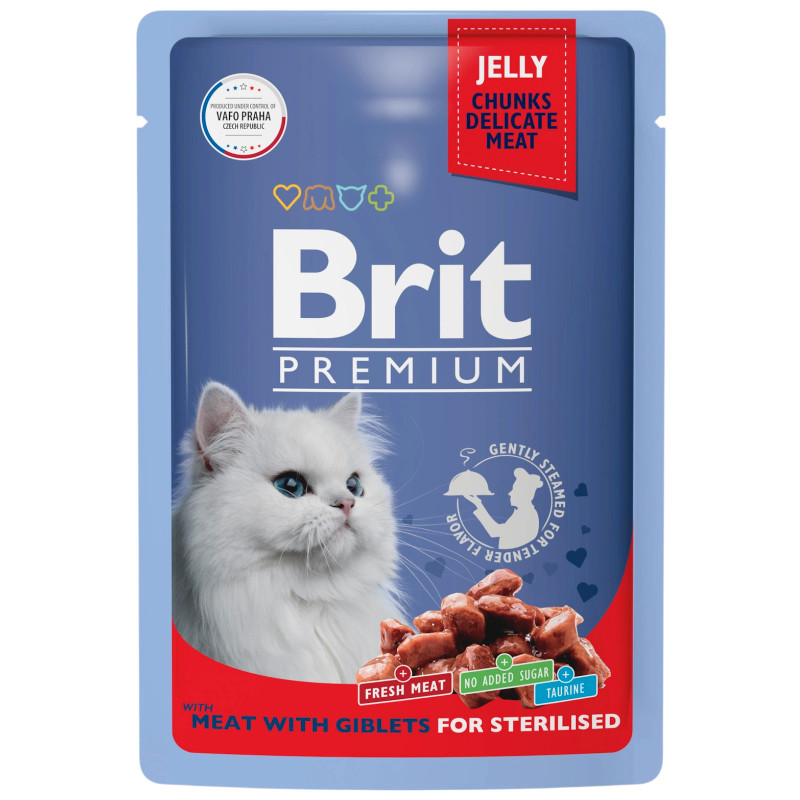 Изображение товара Корм Brit Premium Мясное ассорти с потрошками в желе для взрослых стерилизованных кошек, 85г