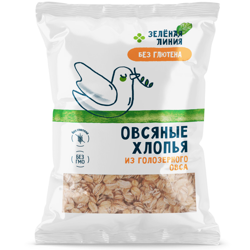 Изображение товара Хлопья овсяные из голозёрного овса Зелёная Линия, 375г