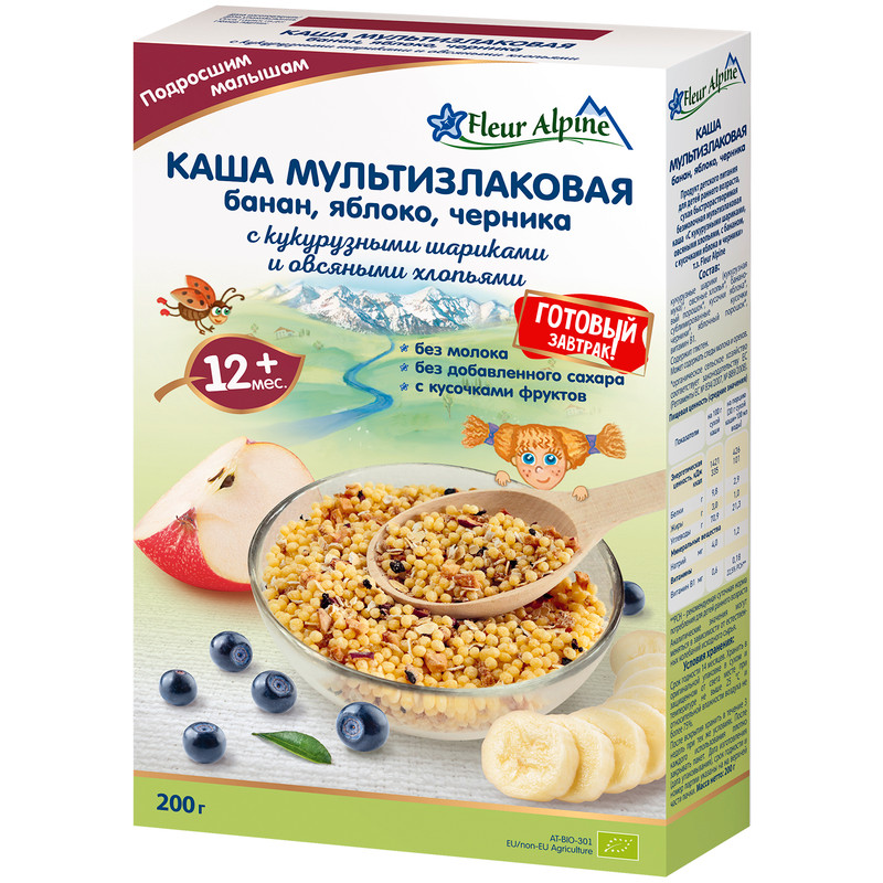 Изображение товара Мультизлаковая каша Fleur Alpine банан-яблоко-черника 200 г для детей от 12 месяцев