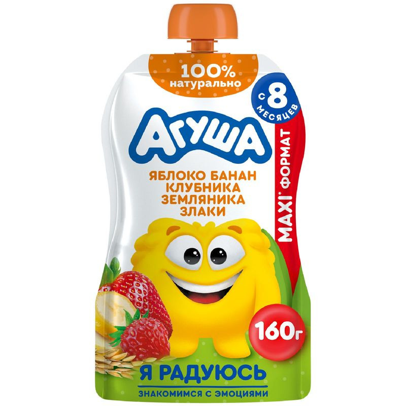 Изображение товара Детское фруктовое пюре Агуша яблоко банан клубника злаки 160 г