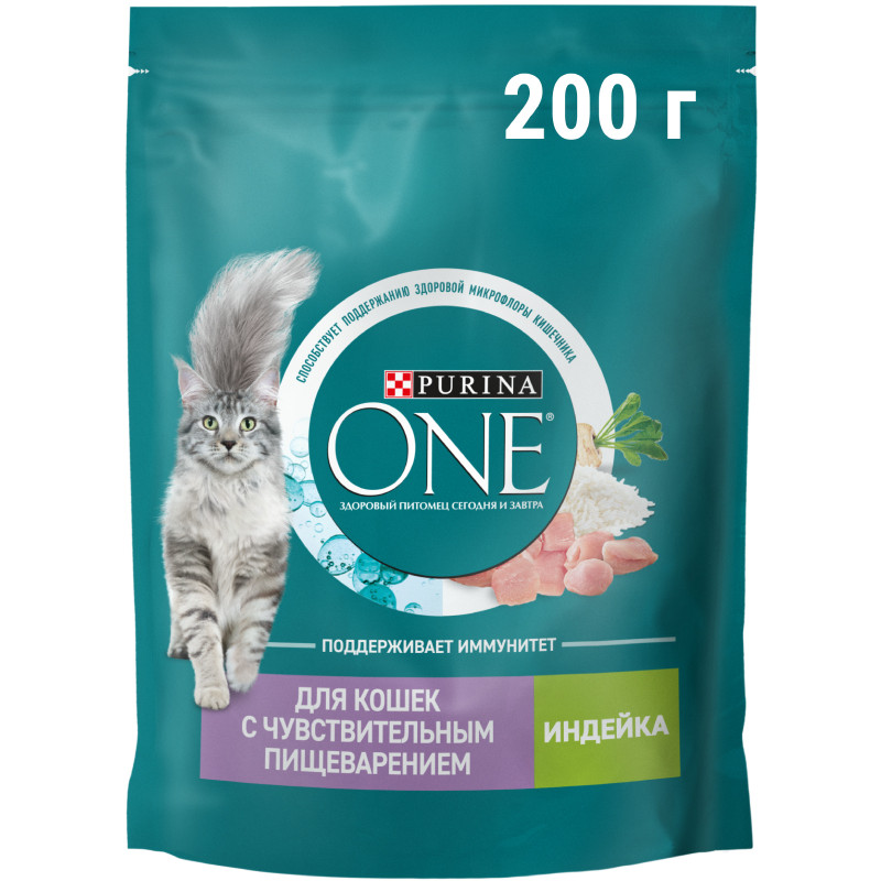 Изображение товара Сухой корм Purina One для кошек с чувствительным пищеварением с индейкой, 200г