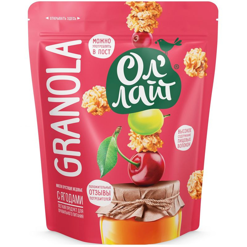 Изображение товара Гранола Ол Лайт медовые с ягодами 280г - натуральный сухой завтрак для всей семьи