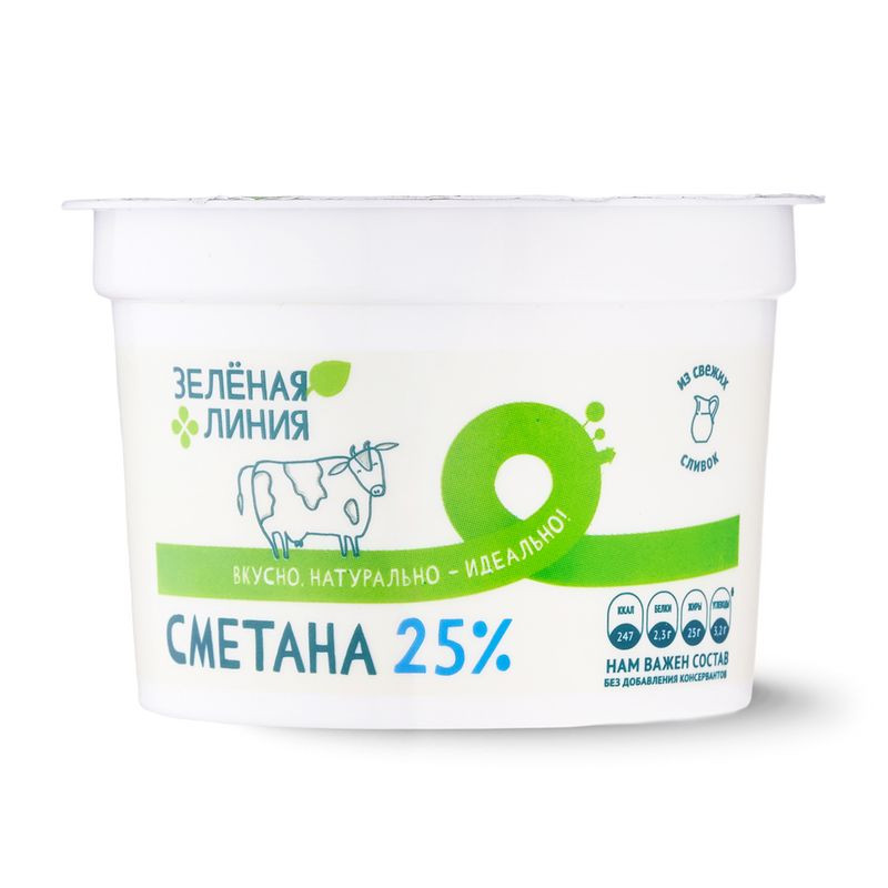 Изображение товара Сметана Зелёная Линия 25% 250 г натуральный молочный продукт