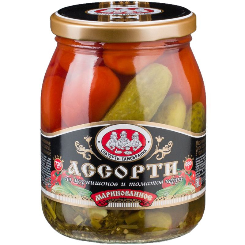 Изображение товара Ассорти Скатерть-Самобранка из корнишонов и томатов черри 720г маринованные овощи