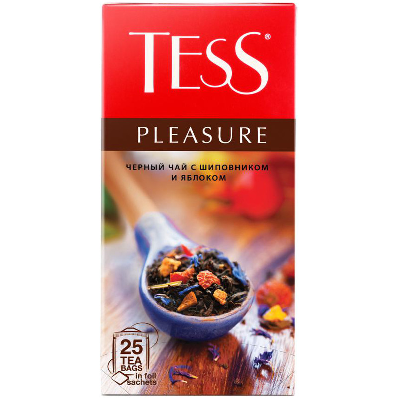 Изображение товара Чай Tess Pleasure чёрный с шиповником и яблоком в пакетиках, 25х1.5г