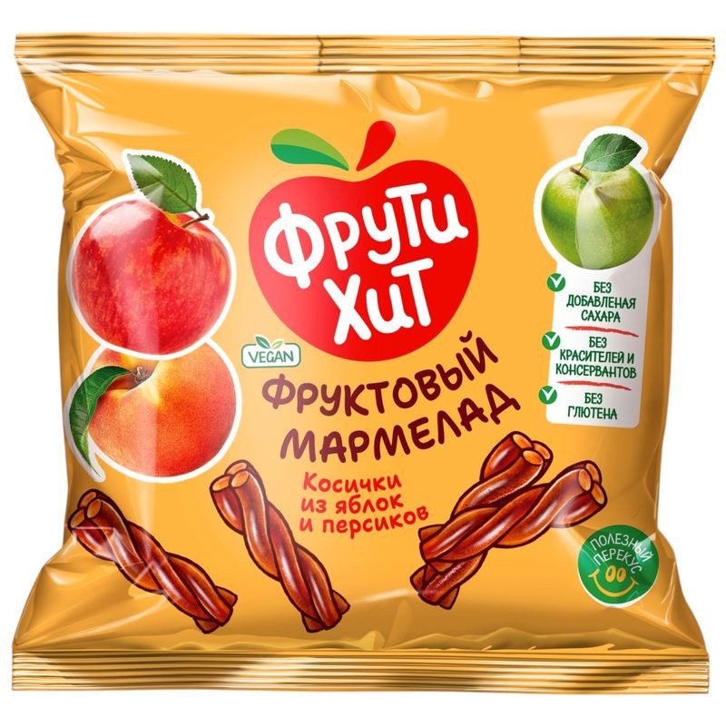 Изображение товара Мармелад Фрути Хит Косички из яблок и персиков 45г фруктовый жевательный натуральный десерт