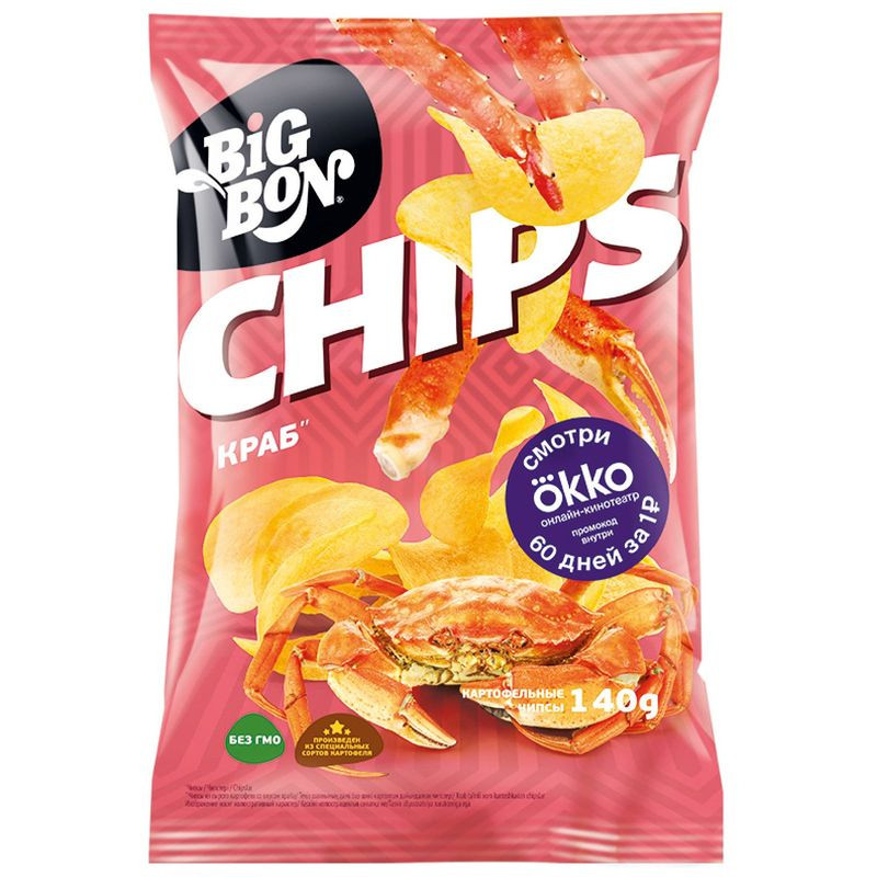 Изображение товара Чипсы Big Bon из сырого картофеля со вкусом краба, 140г