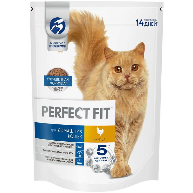 Изображение товара Сухой полнорационный корм Perfect Fit для взрослых кошек с курицей, 650г