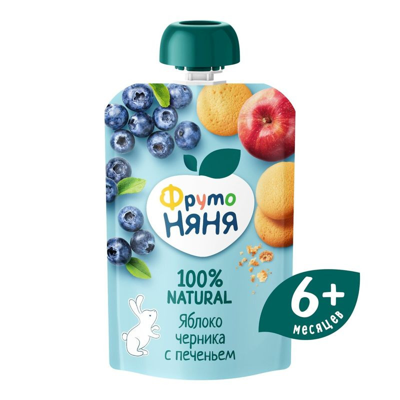 Изображение товара Пюре ФрутоНяня яблоко-черничное с печеньем 90г для малышей с 6 месяцев