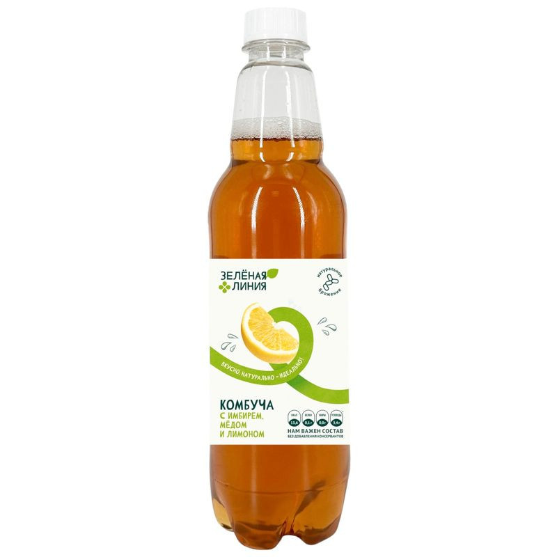 Изображение товара Комбуча натуральный напиток на чайном грибе с имбирем мёдом и лимоном Зелёная Линия 550мл