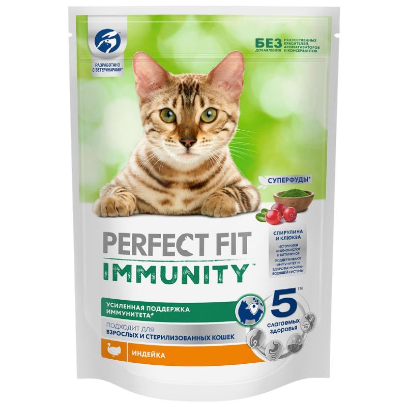 Изображение товара Корм Perfect Fit Иммунитет для кошек с индейкой, спирулиной и клюквой 580г
