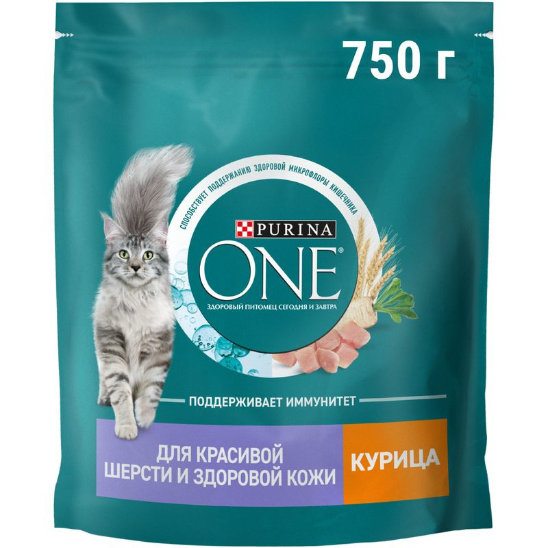 Изображение товара Сухой корм Purina One для кошек с курицей для красивой шерсти и кожи, 750г