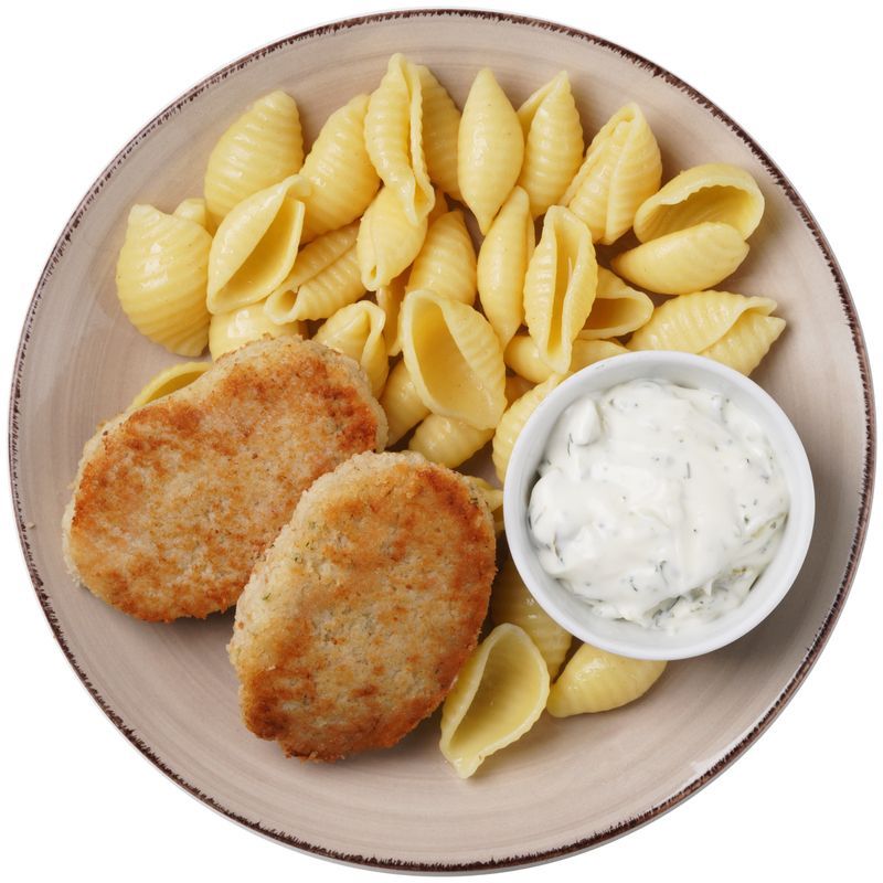 Котлета Cook Chart рыбная из фарша минтая с макаронами и соусом тартар,  220г - купить с доставкой в Москве в Перекрёстке - 4388318