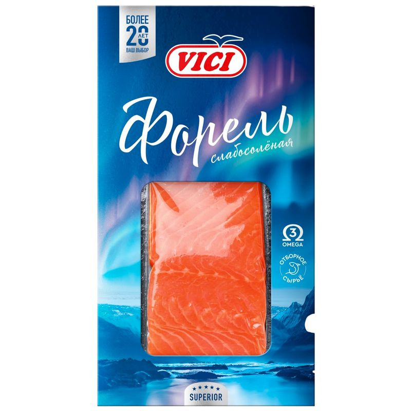 Изображение товара Форель радужная Vici слабосоленая филе-кусок 200г - вкусная рыба для диеты