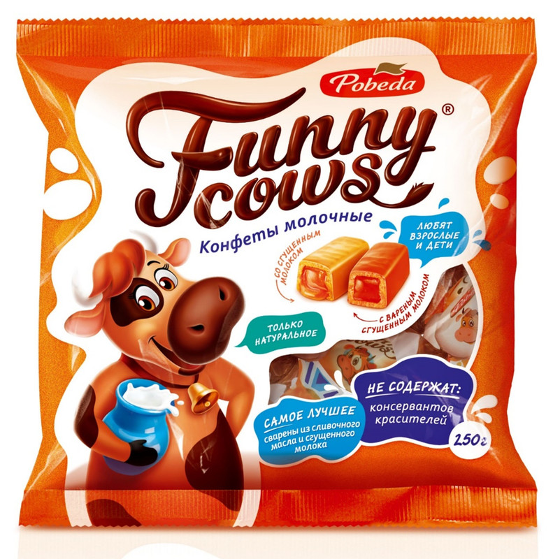 Изображение товара Конфеты Победа Вкуса Funny Cows молочные со сгущённым молоком, 250г