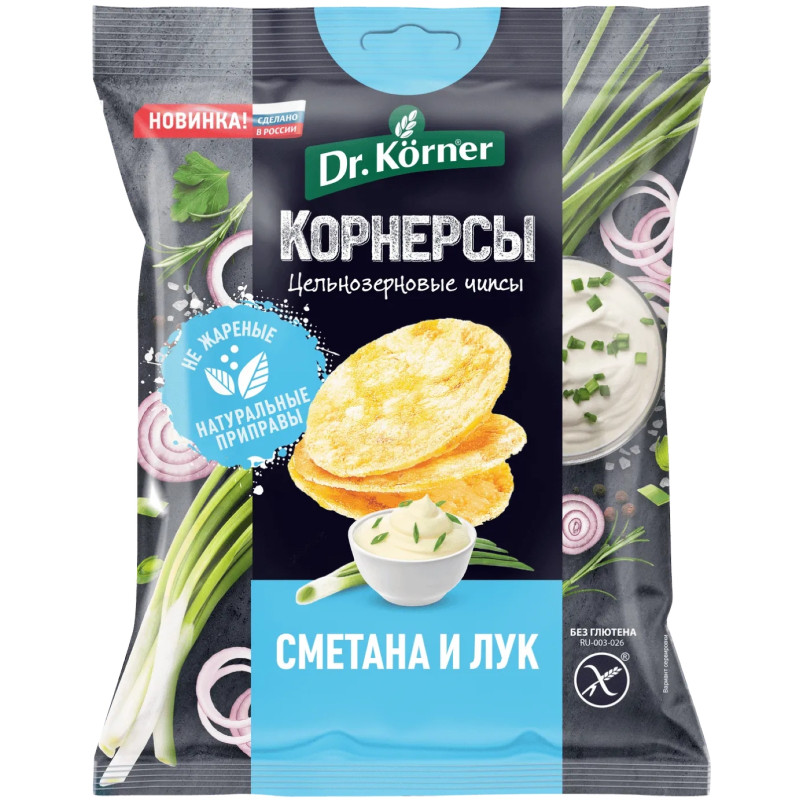 Изображение товара Чипсы Dr.Korner цельнозерновые кукурузно-рисовые со сметаной и зеленым луком, 50г