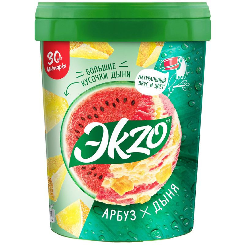 Изображение товара Мороженое Эkzo ванильное с соками арбуза и дыни 520 г в ведерке