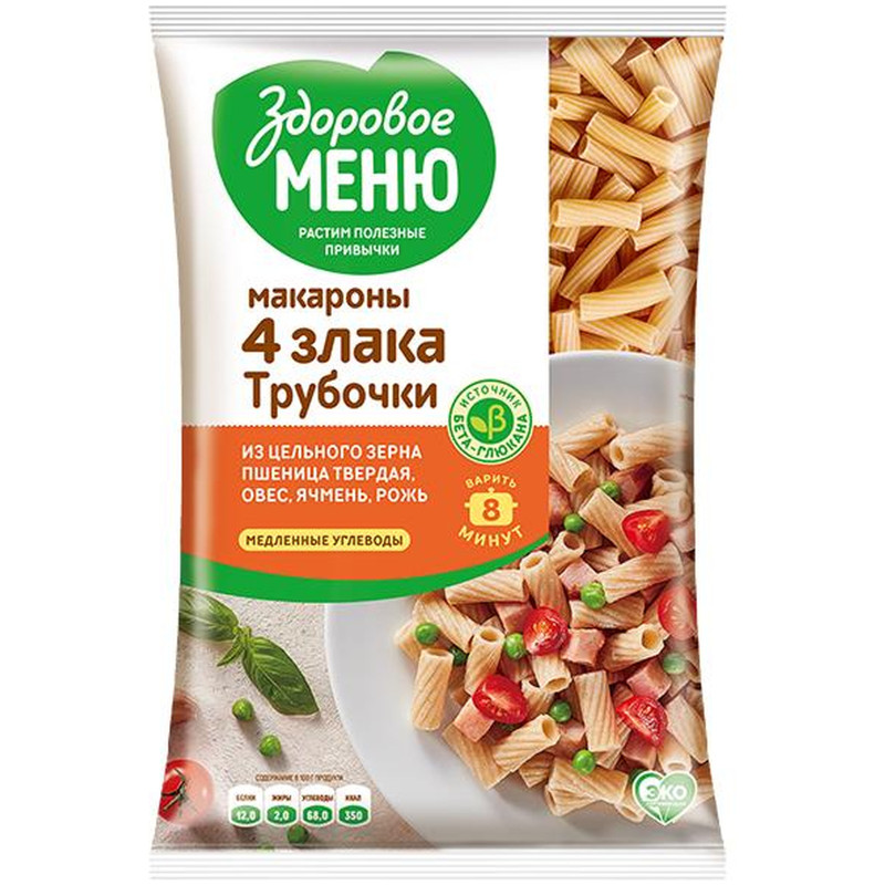 Изображение товара Макароны Здоровое меню трубочки мультизлаковые группа А высший сорт, 400г