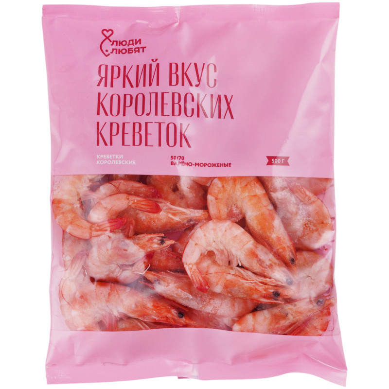 Изображение товара Креветки Люди Любят Королевские белоногие неразделанные варёно-мороженые 50/70, 500г