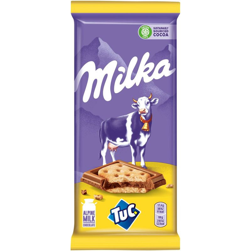 Шоколад молочный Milka с соленым крекером Tuc, 87г - купить с доставкой на дом в Перекрёстке