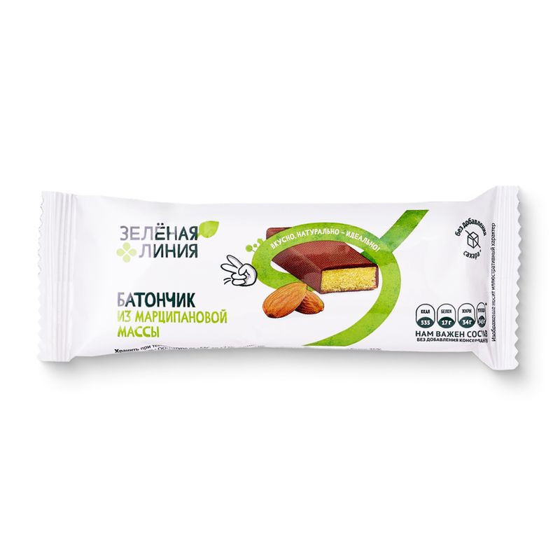 Изображение товара Батончик глазированный из марципана без добавления сахара Зелёная Линия 30г натуральное лакомство