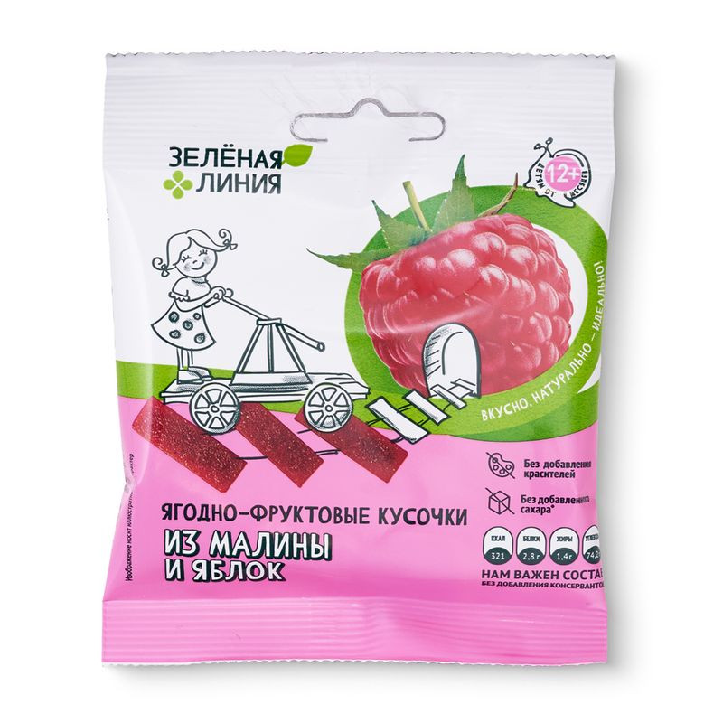 Изображение товара Ягодно-фруктовые кусочки из малины и яблок Зелёная Линия 30г натуральный перекус