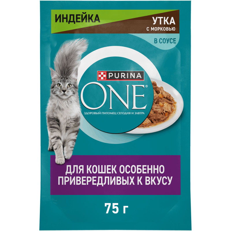 Изображение товара Влажный корм Purina One для кошек особенно привередливых к вкусу с уткой и печенью, 75г