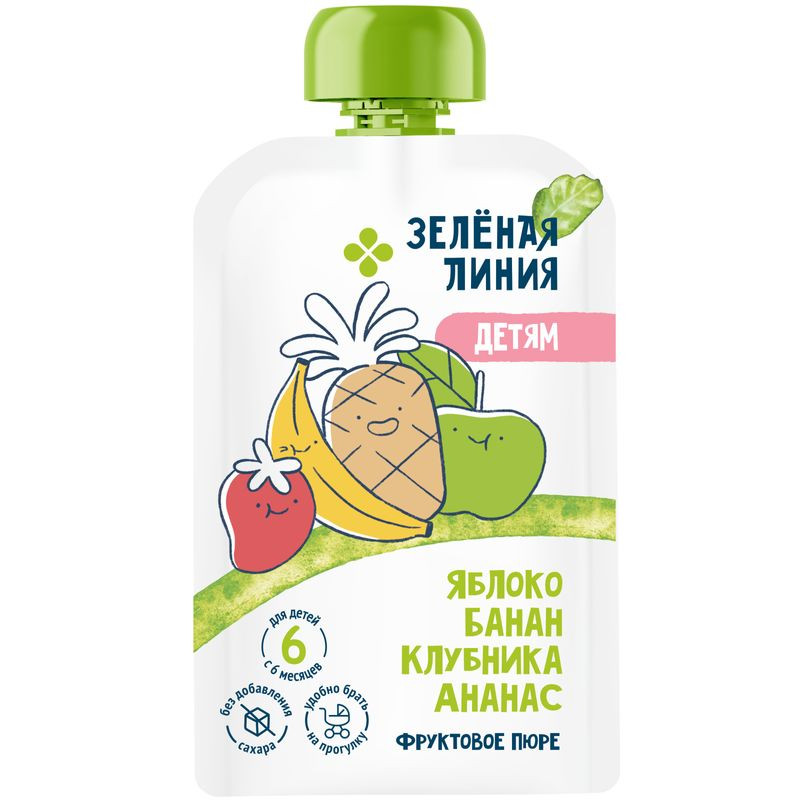 Изображение товара Пюре из яблок бананов клубники и ананасов 90г Зелёная Линия для детей с 6 месяцев