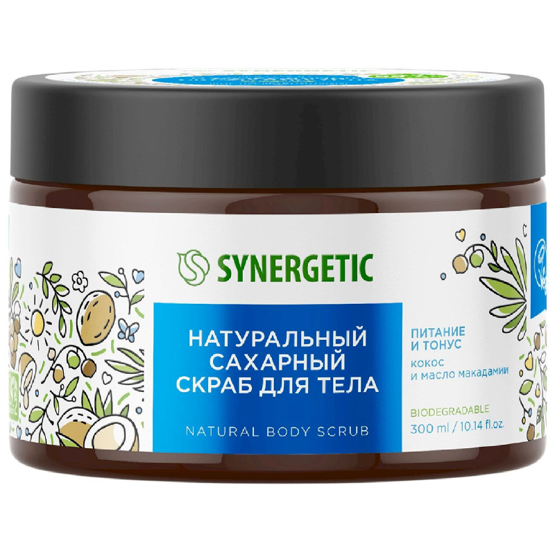 Изображение товара Скраб Synergetic сахарный Питание и тонус Кокос и Масло макадамии для тела, 300мл