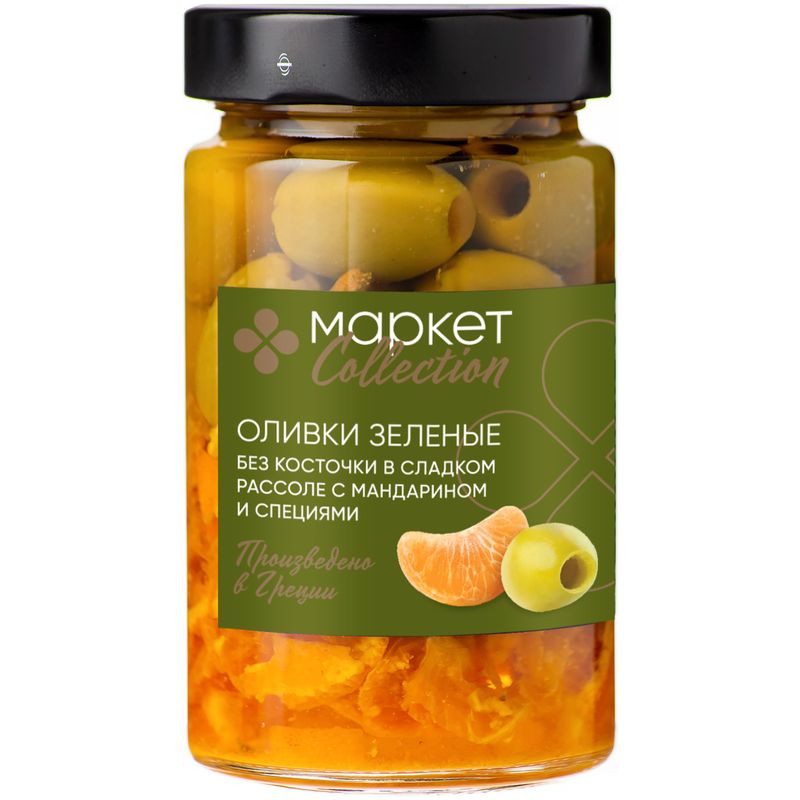 Изображение товара Зеленые оливки без косточки в сладком рассоле с мандарином и специями 320г Market Collection
