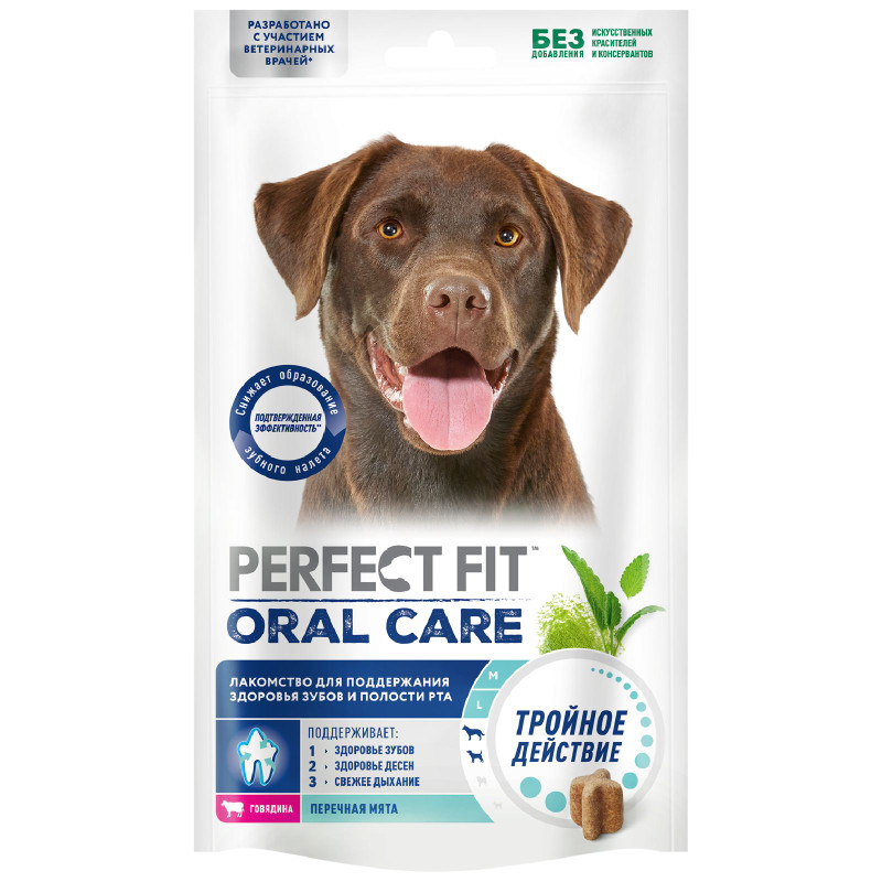 Изображение товара Лакомство Perfect Fit Oral Care для здоровья зубов и полости рта с говядиной и добавлением мяты для собак средних и крупных пород, 130г